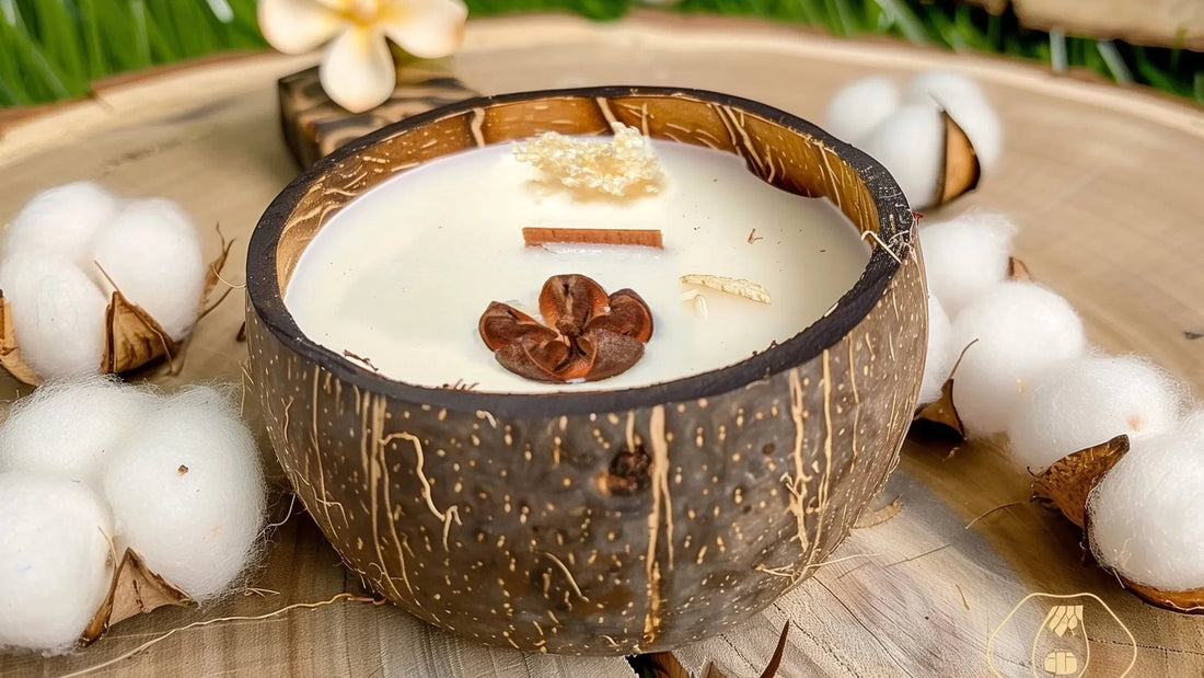 Bougie parfumée Luminante en noix de coco entourée de fleurs de coton