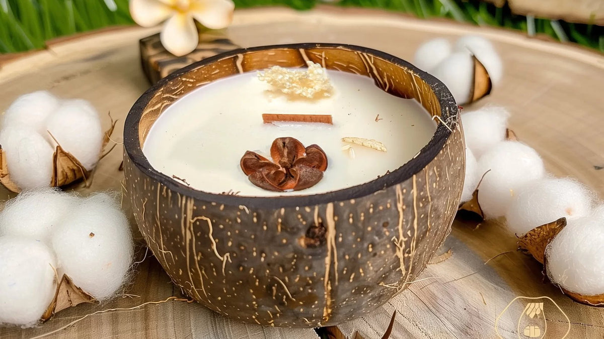 Bougie parfumée Luminante en noix de coco entourée de fleurs de coton