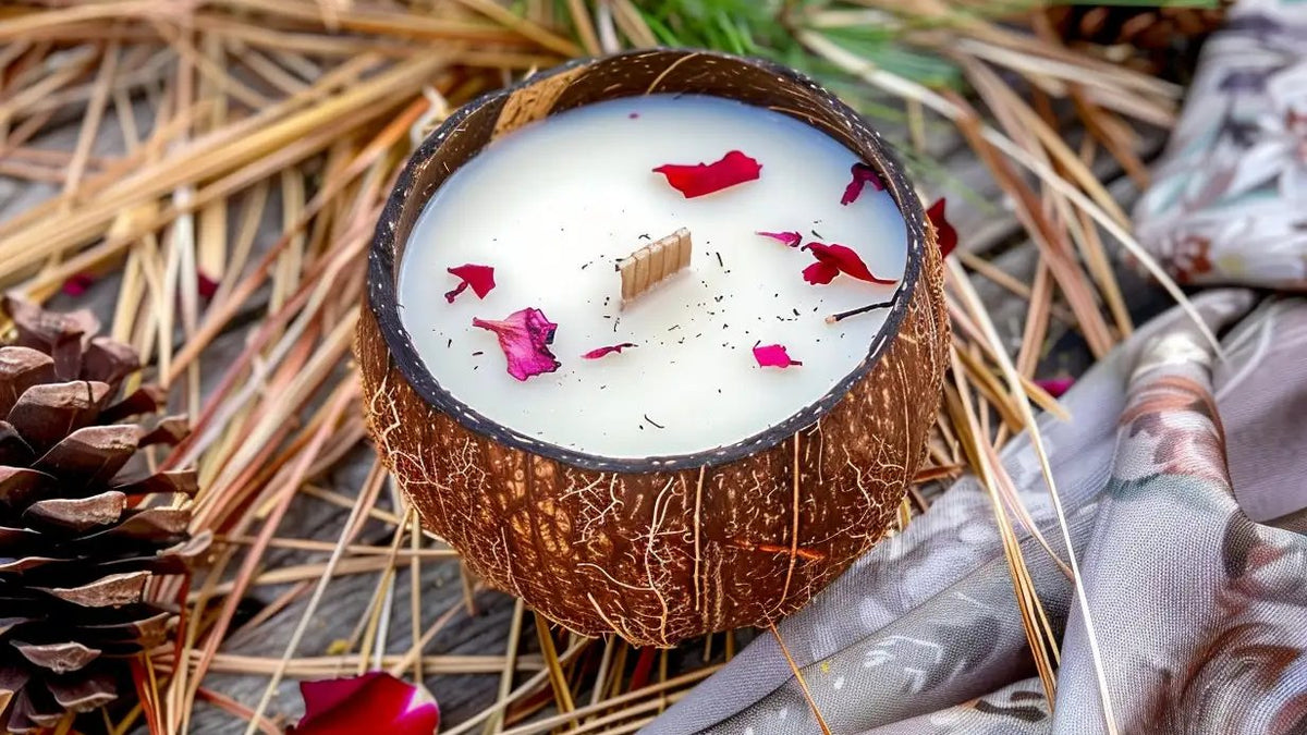 Bougie décorative Luminante en noix de coco ornée de pétales, entre aiguilles et pommes de pin