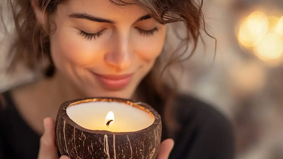 Femme souriante tenant une bougie parfumée Luminante allumée