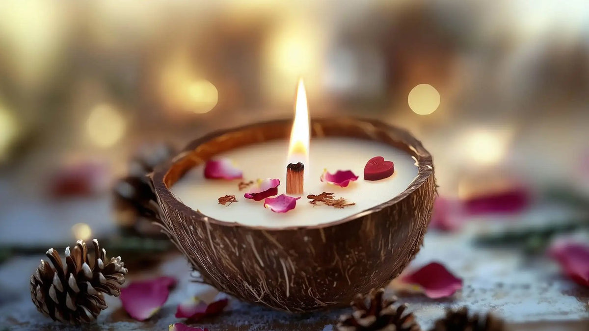 Bougie parfumée Luminante allumée entourée de pétales de rose et de pommes de pin