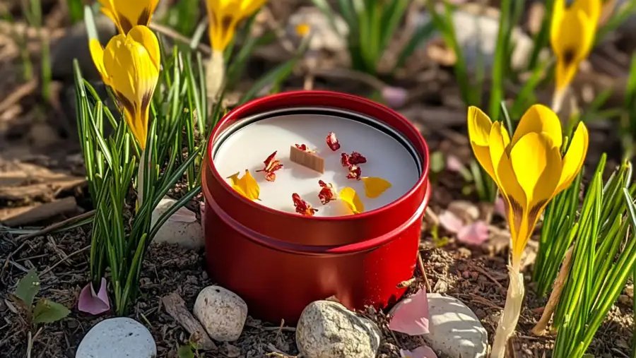 Bougie parfumée dans un contenant rouge posée parmi des crocus jaunes