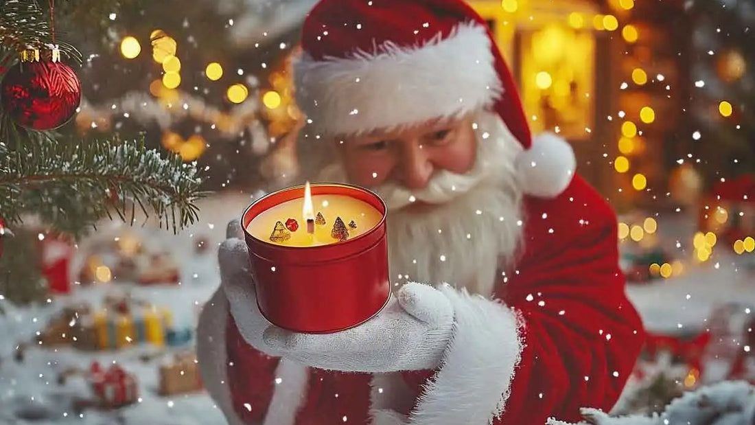 Père Noël tenant une bougie allumée dans un décor enneigé
