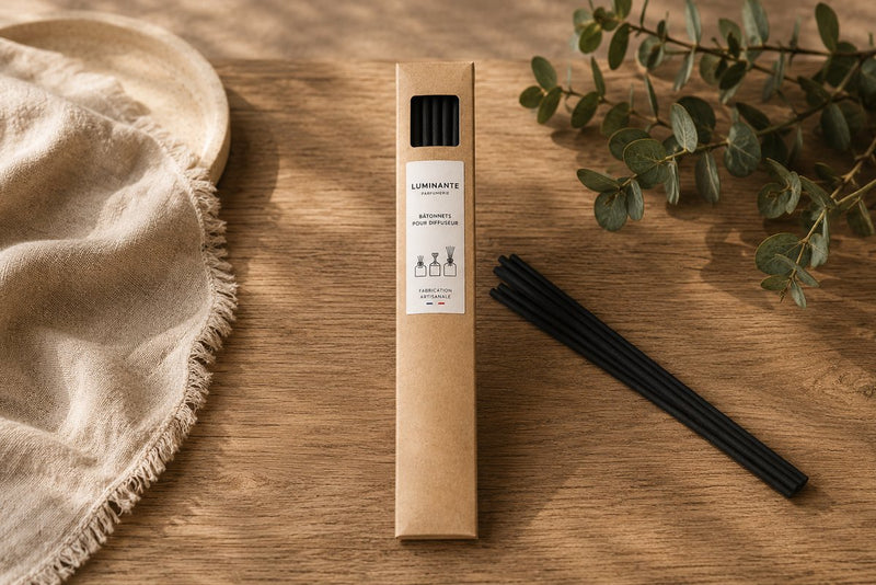 Étui de bâtonnets pour diffuseur Luminante ouvert et bâtonnets noirs posés sur une table en bois