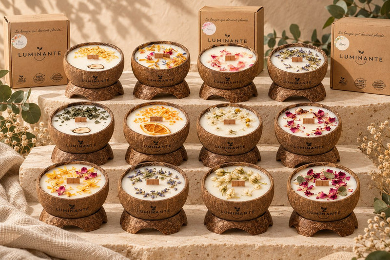 Douze bougies parfumées Luminante dans leur contenant en noix de coco, sur leurs socles, devant trois coffrets kraft