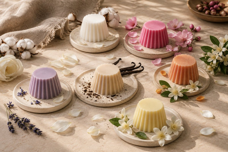 Six fondants parfumés Luminante de couleurs différentes, disposés sur des coupelles en céramique
