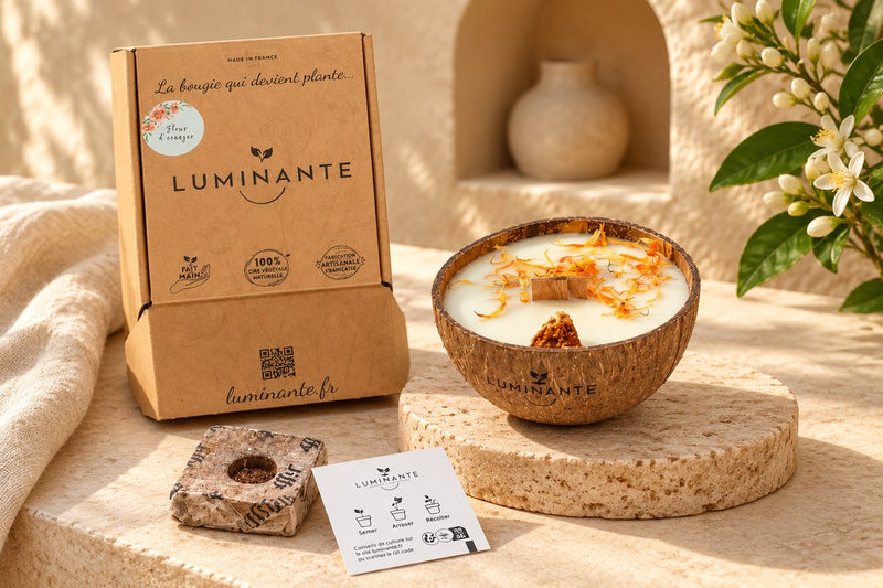 Une bougie parfumée Luminante dans son contenant en noix de coco, son coffret kraft, son bloc de terreau et sa carte de conseils de culture