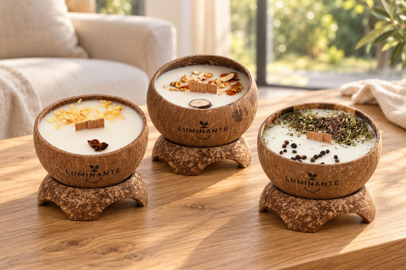 Trois bougies parfumées Luminante sur leurs socles en coco, posées sur une table basse en bois dans un salon clair