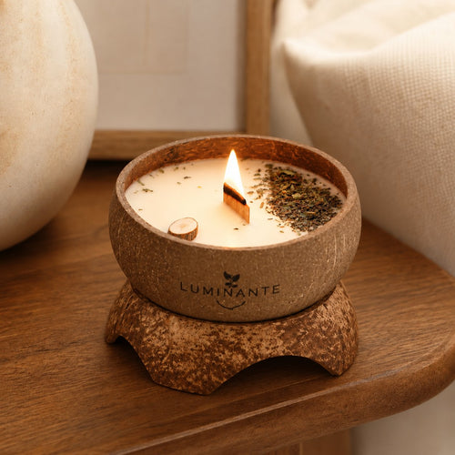 Bougie Luminante Bois de Oud allumée avec de fins copeaux de bois clairs et un disque de bois sur la cire