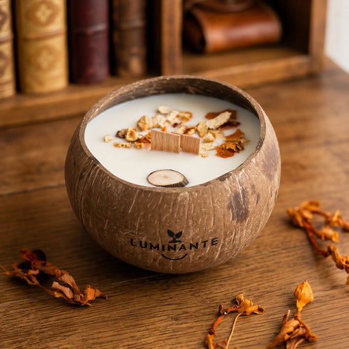 Bougie Luminante Cuir et Bois dans son contenant en noix de coco, mèche en bois et écorces séchées