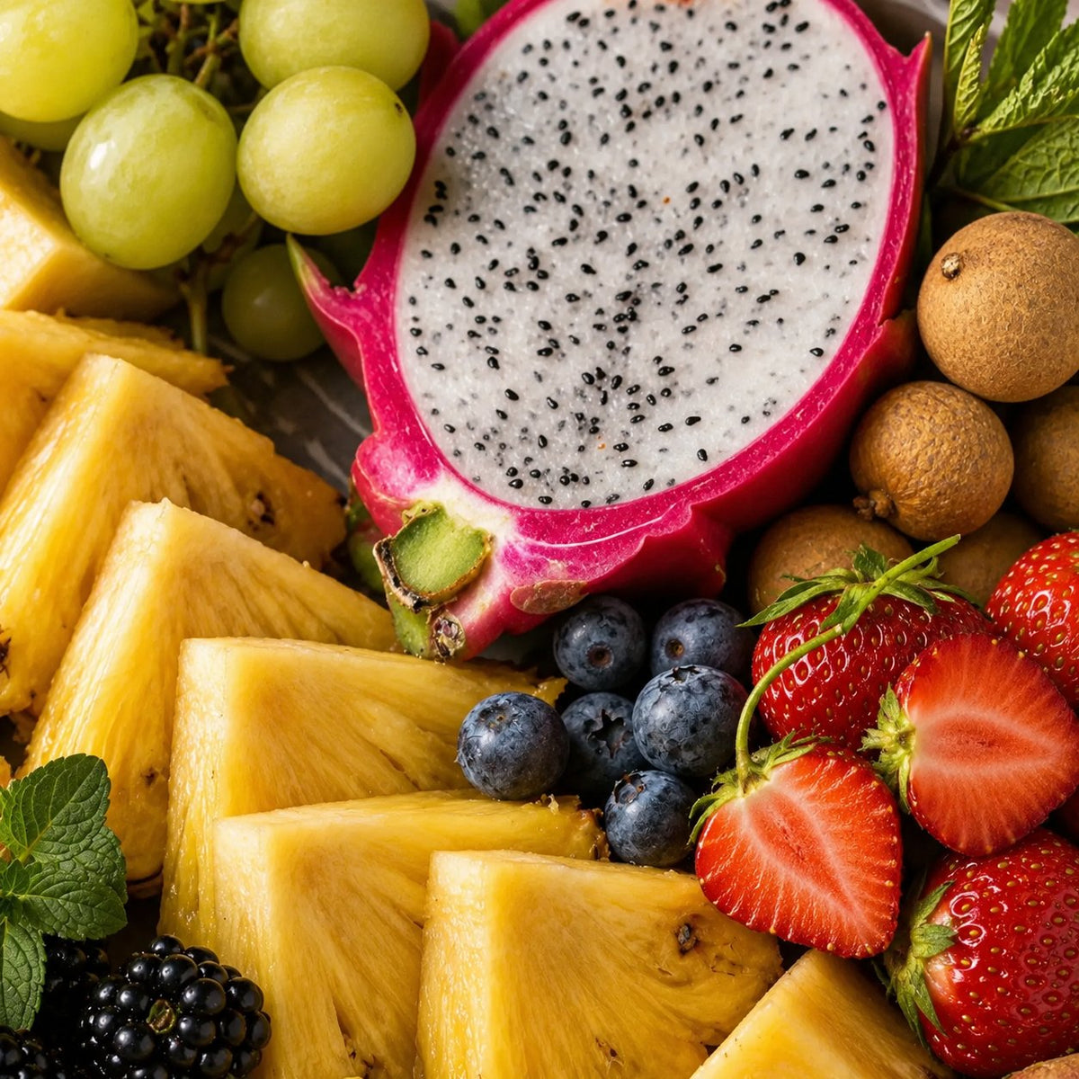 Assortiment de fruits exotiques : ananas, fruit du dragon, litchis, fraises et myrtilles