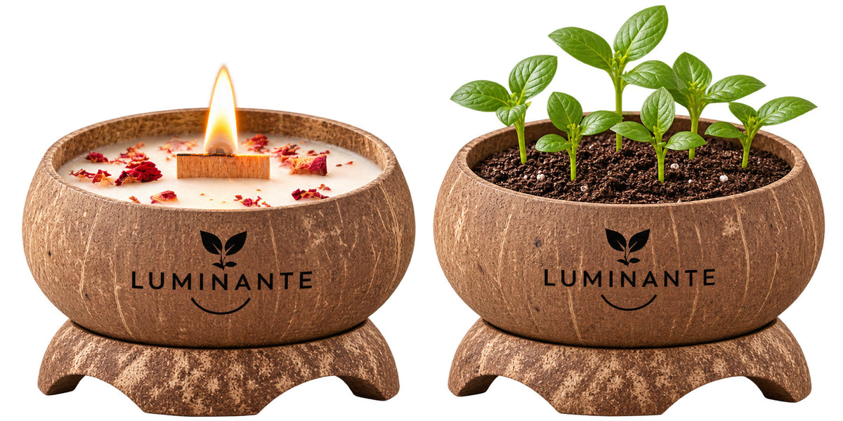 Bougie Luminante en noix de coco allumée sur son socle, à côté de la même coque devenue pot où poussent de jeunes plantes