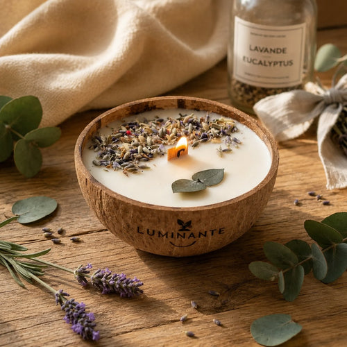 Bougie Luminante Eucalyptus Lavande allumée, mèche en bois et brins de lavande