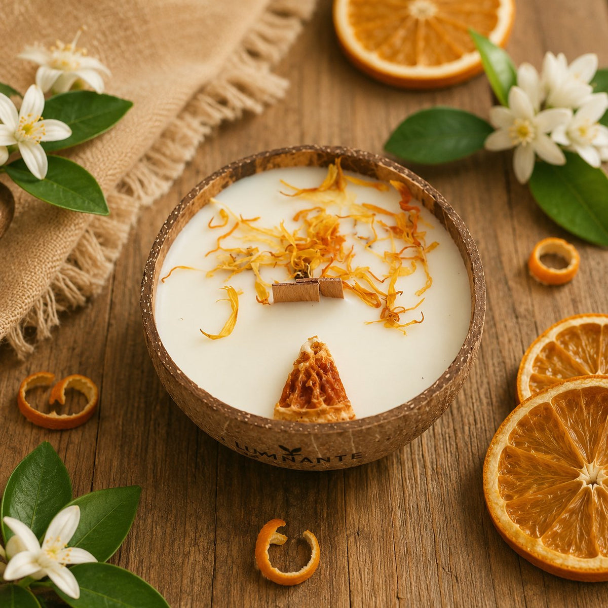 Bougie Luminante Fleur d'Oranger vue de dessus, pétales séchés et quartier d'orange confit sur la cire