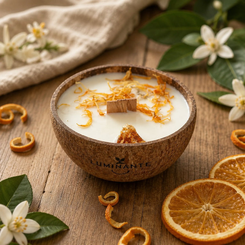 Bougie Luminante Fleur d'Oranger dans son contenant en noix de coco, pétales séchés et mèche en bois
