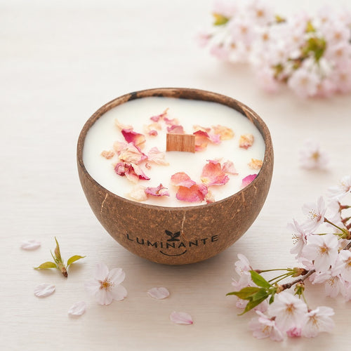 Bougie Luminante Fleur de Cerisier dans son contenant en noix de coco, pétales roses séchés et mèche en bois