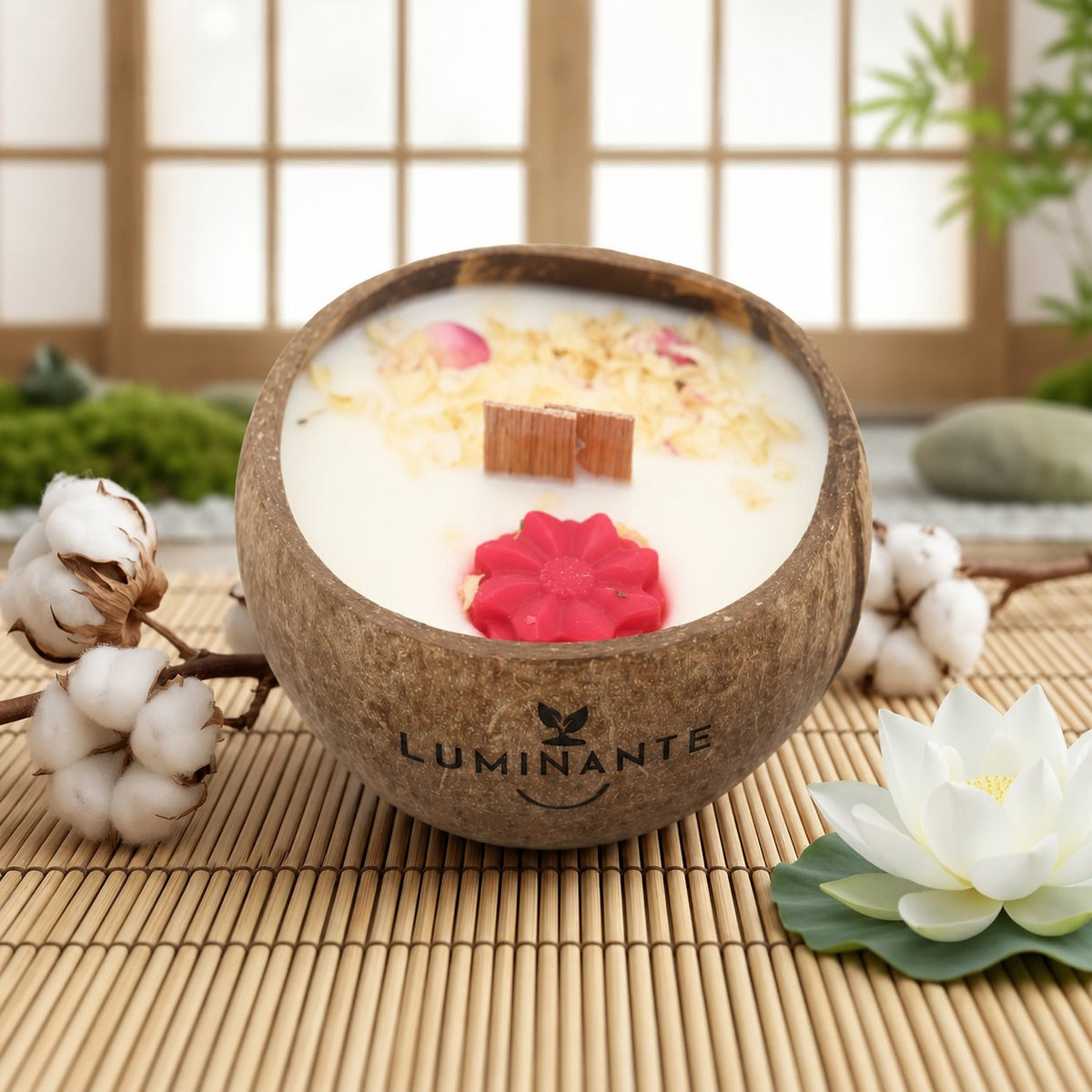 Bougie Luminante Lotus blanc coton posée sur une natte de bambou, avec fleur de lotus et branche de coton
