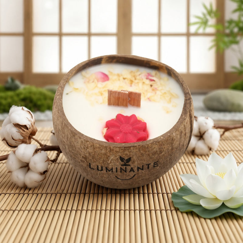 Bougie Luminante Lotus blanc coton posée sur une natte de bambou, avec fleur de lotus et branche de coton
