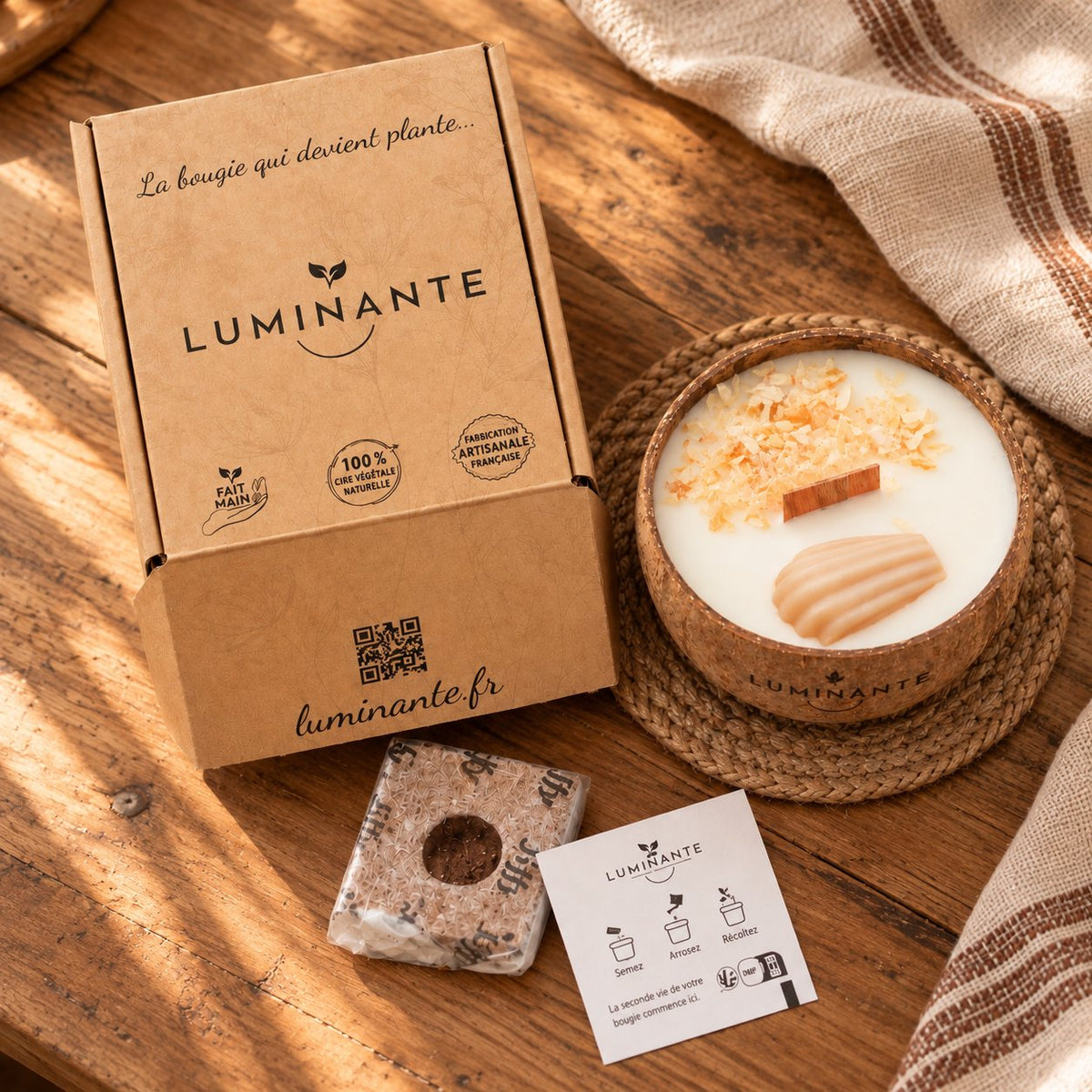 Bougie Luminante Madeleine avec sa boîte kraft, son bloc de terreau et sa carte de plantation