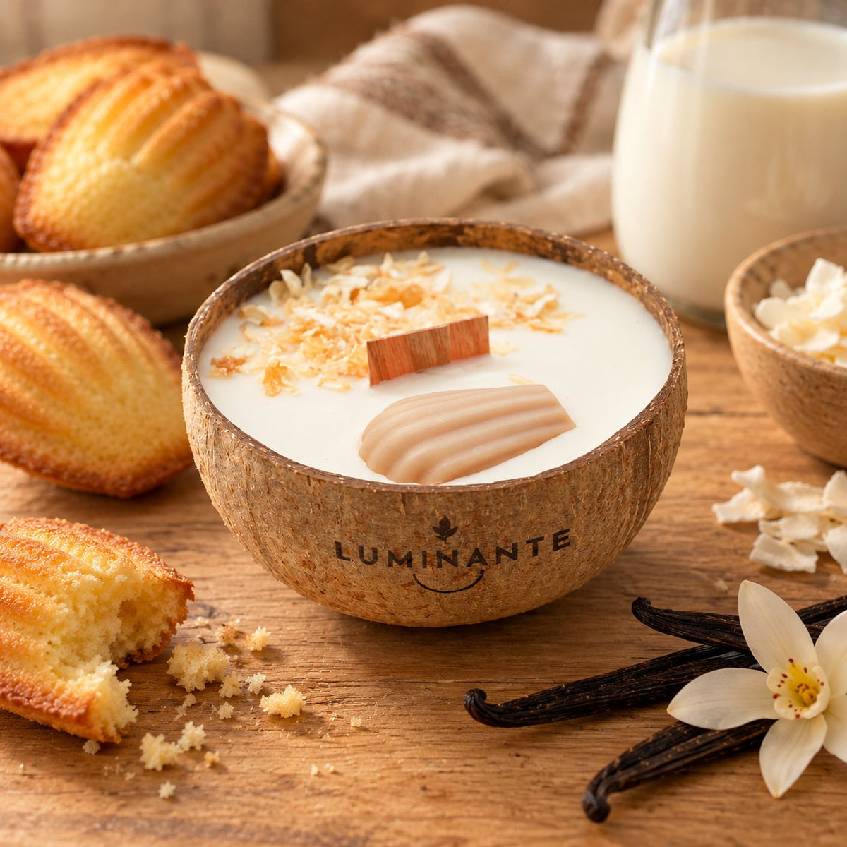 Bougie Luminante Madeleine dans son contenant en noix de coco, posée sur une table en bois au milieu de madeleines, de gousses de vanille, de copeaux de coco et d’un pot de lait