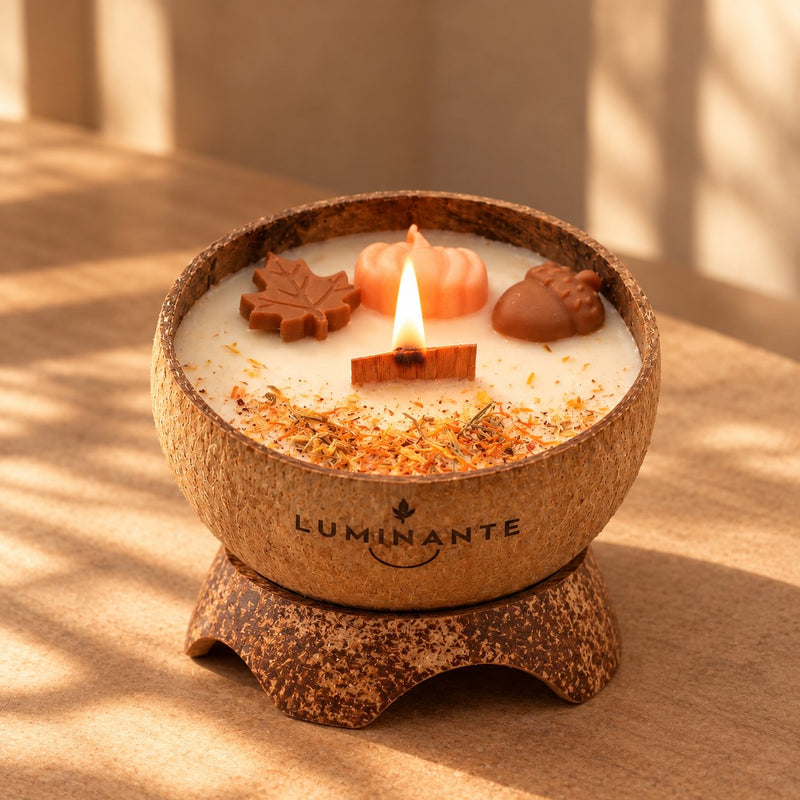 Bougie Luminante Pumpkin Spice allumée dans sa coque en noix de coco, posée sur son socle en coco