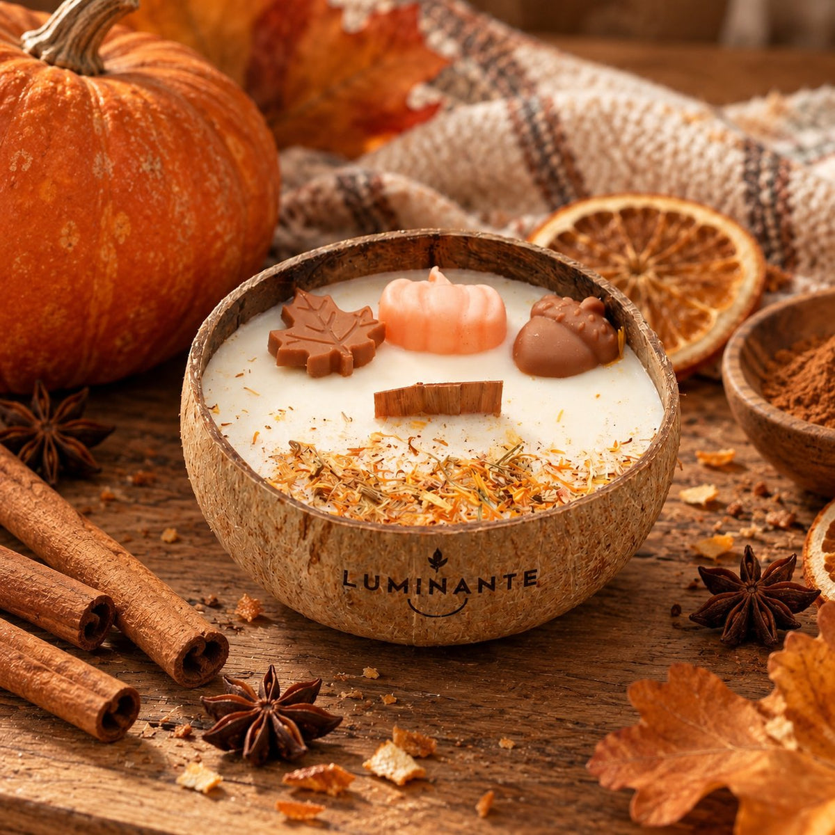 Bougie Luminante Pumpkin Spice dans son contenant en noix de coco, décorée d’une feuille d’érable, d’une citrouille et d’un gland en cire, entourée de cannelle, de badiane et de tranches d’orange séchées