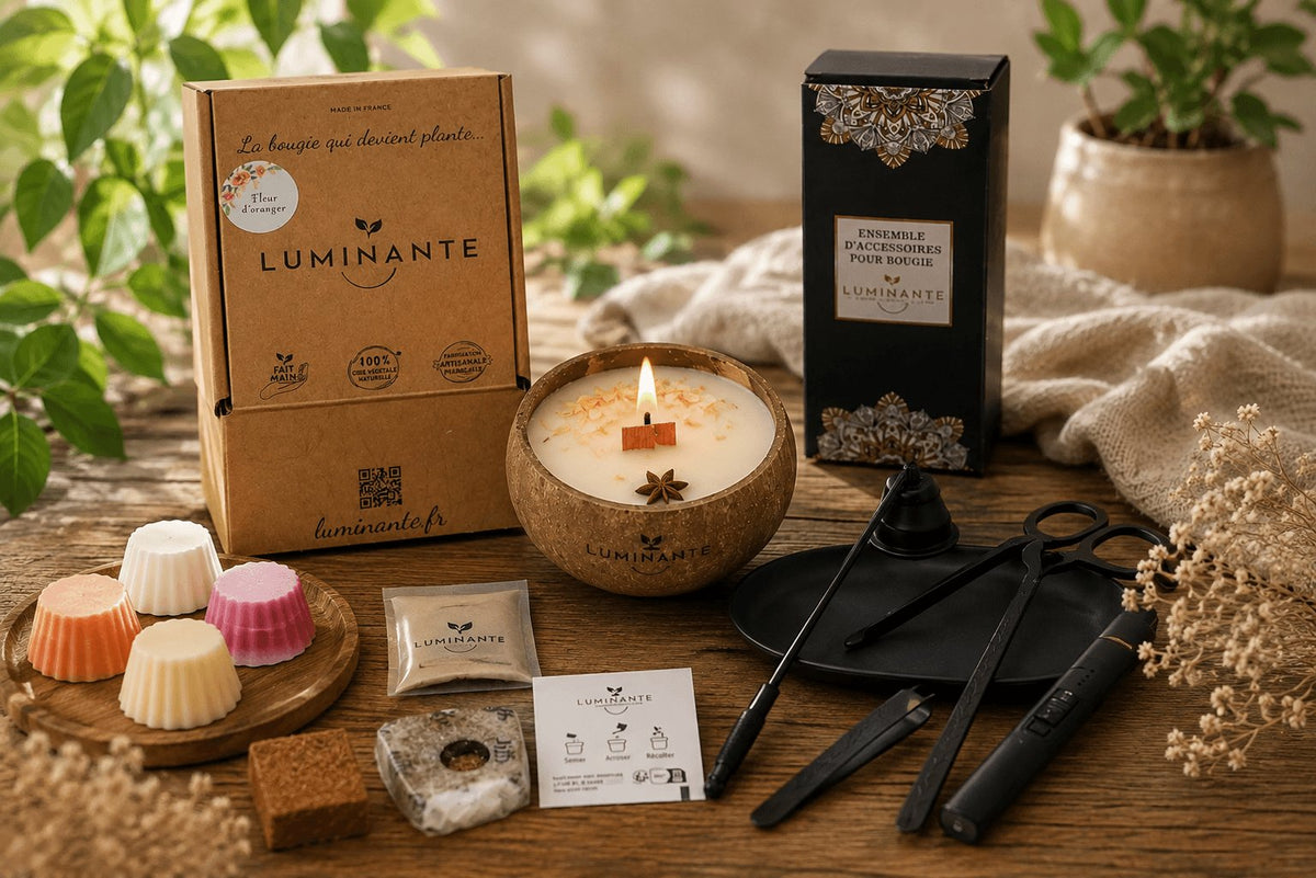 Bougie Luminante allumée dans sa noix de coco, son coffret La bougie qui devient plante, le kit de plantation et les accessoires, sur une table en bois