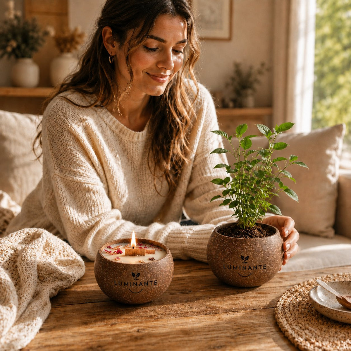 Bougie Luminante et contenant réutilisé avec une plante