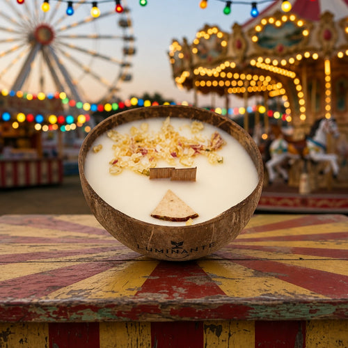 Bougie Luminante Pomme d'Amour posée devant une grande roue et un manège illuminés