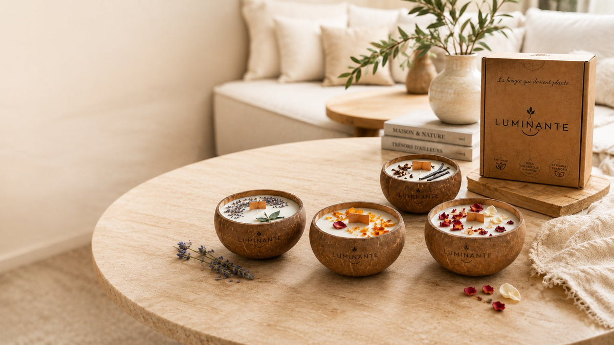 Quatre bougies Luminante en coque de noix de coco sur une table basse, avec leur coffret dans un salon lumineux