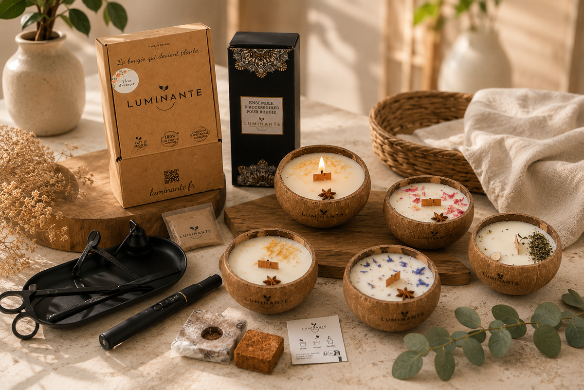 Coffret Luminante, bougies en noix de coco et kit d'accessoires disposés sur une table