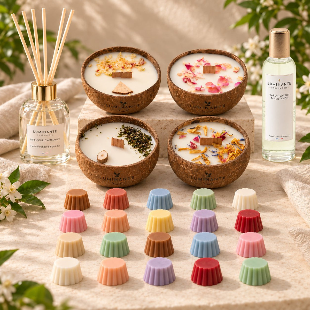 Coffret cadeau Luminante Absolu : un diffuseur d'ambiance et ses bâtonnets, un vaporisateur, quatre bougies parfumées en noix de coco et vingt fondants parfumés
