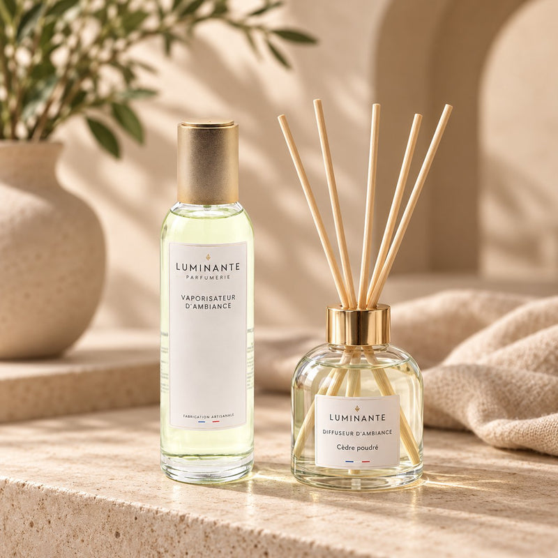 Coffret cadeau Luminante Atelier des senteurs : un vaporisateur d'ambiance et un diffuseur d'ambiance avec ses bâtonnets en rotin