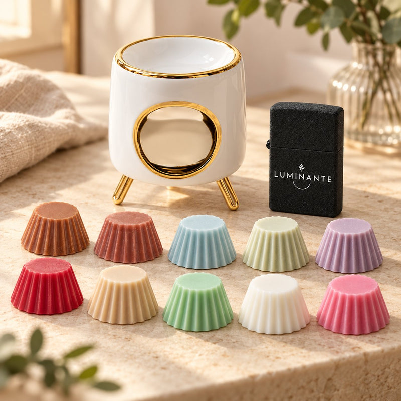 Coffret cadeau Luminante Cocooning : un brûle-parfum en céramique blanche et dorée, un briquet noir et dix fondants parfumés