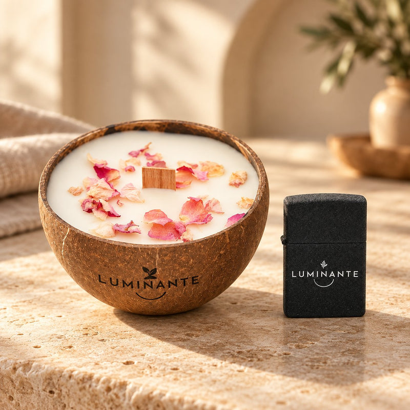 Coffret cadeau Luminante Flamme et Nature : une bougie aux pétales dans son contenant en noix de coco et un briquet noir Luminante