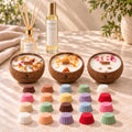 Coffret cadeau Luminante Prestige : un diffuseur d'ambiance et ses bâtonnets, un vaporisateur, trois bougies parfumées en noix de coco et vingt fondants parfumés
