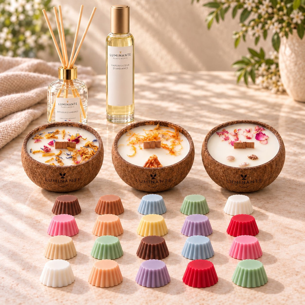 Coffret cadeau Luminante Prestige : un diffuseur d'ambiance et ses bâtonnets, un vaporisateur, trois bougies parfumées en noix de coco et vingt fondants parfumés
