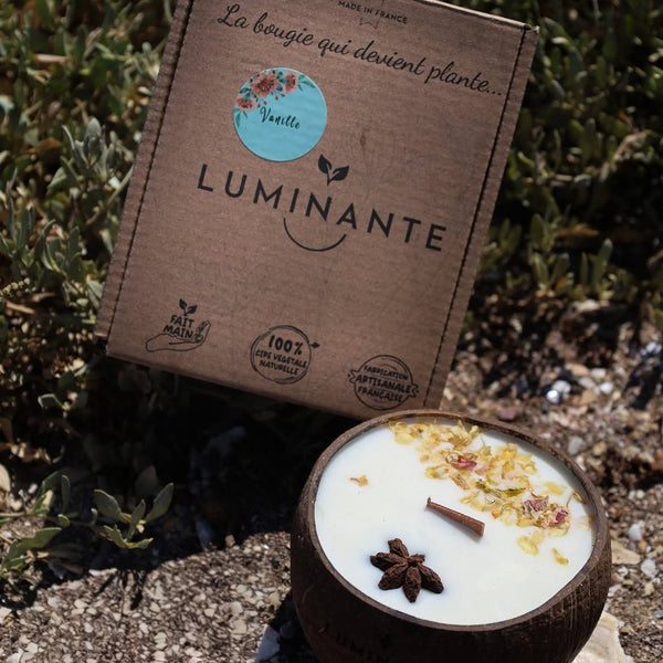 Coffret Luminante et bougie en coque de noix de coco posés sur des galets