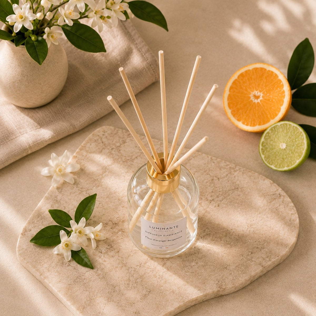 Diffuseur d'ambiance Luminante Fleur d'oranger-Bergamote vu de dessus, bâtonnets en rotin déployés