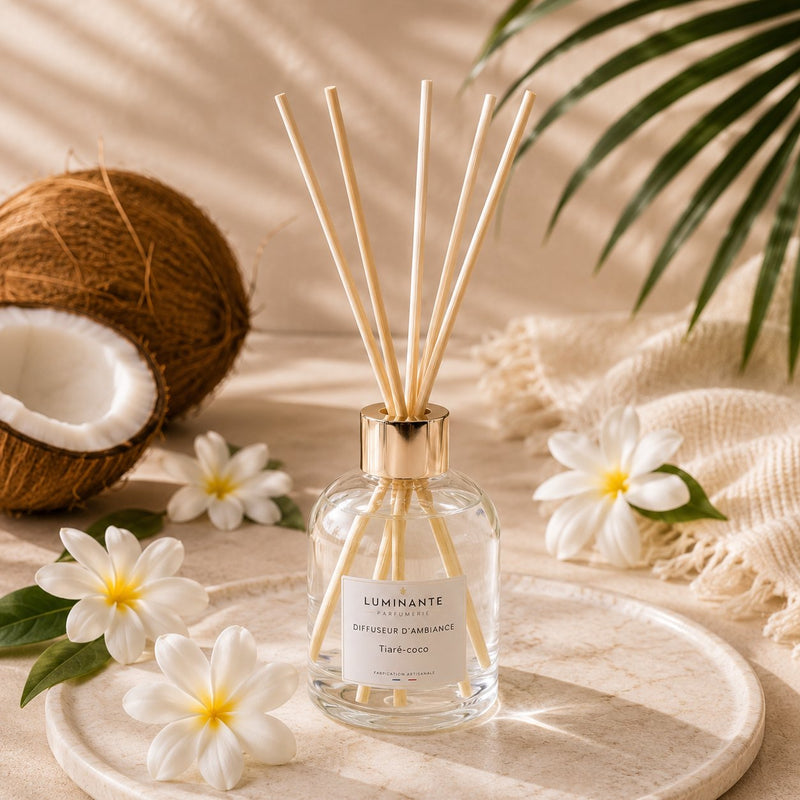 Diffuseur d'ambiance Luminante Tiaré-coco, entouré de fleurs blanches, d'une noix de coco ouverte et d'une palme