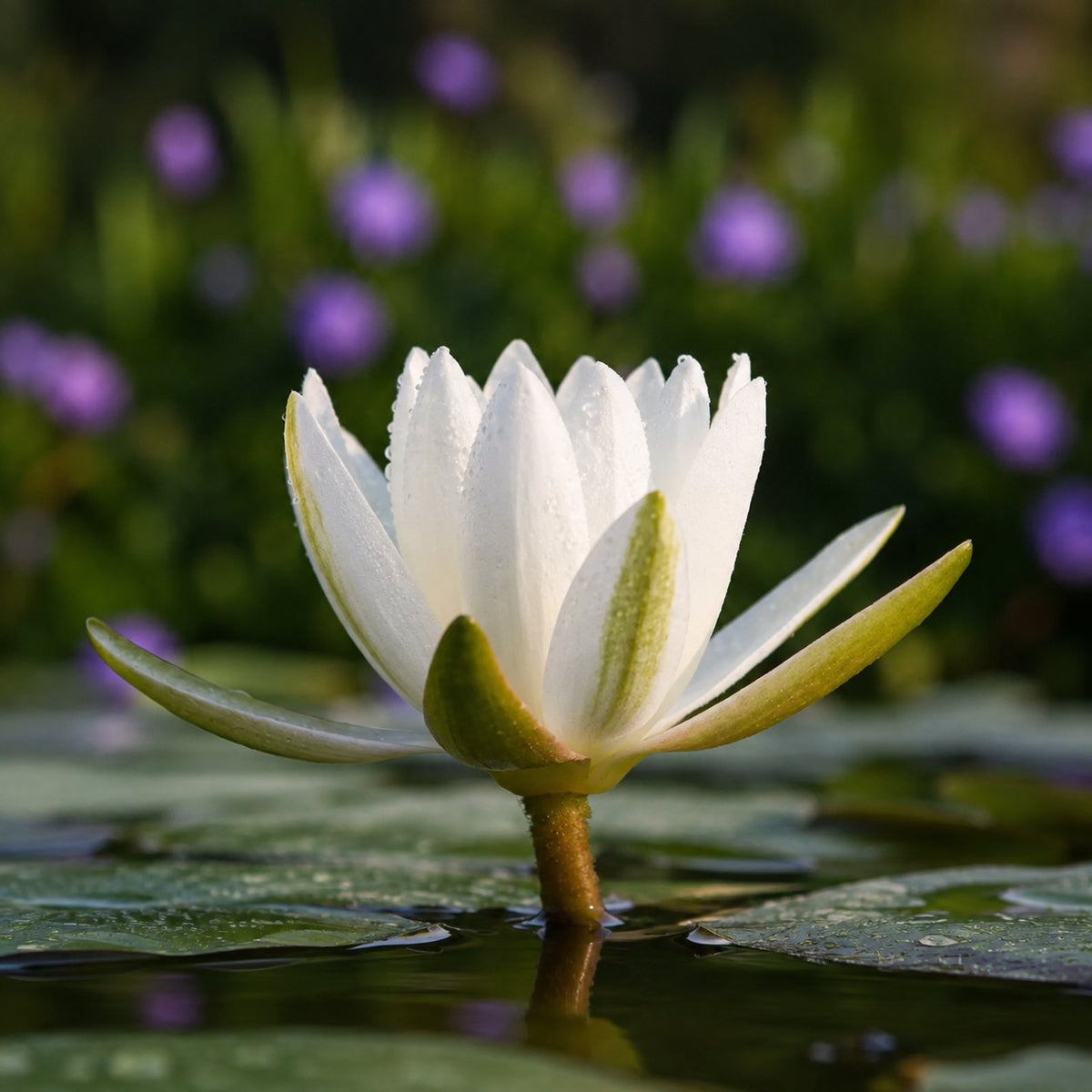 Fleur de lotus blanche ouverte à la surface d'un étang