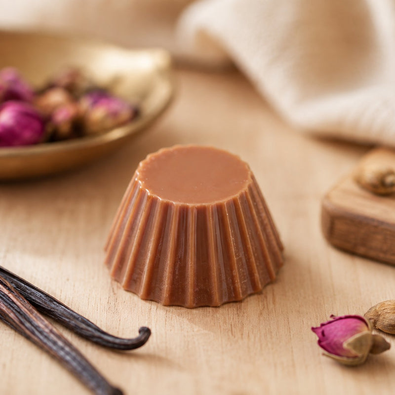 Fondant parfumé Luminante Bois de Oud, pastille de cire cannelée posée sur un plan en bois clair, entre des gousses de vanille et des boutons de rose séchés