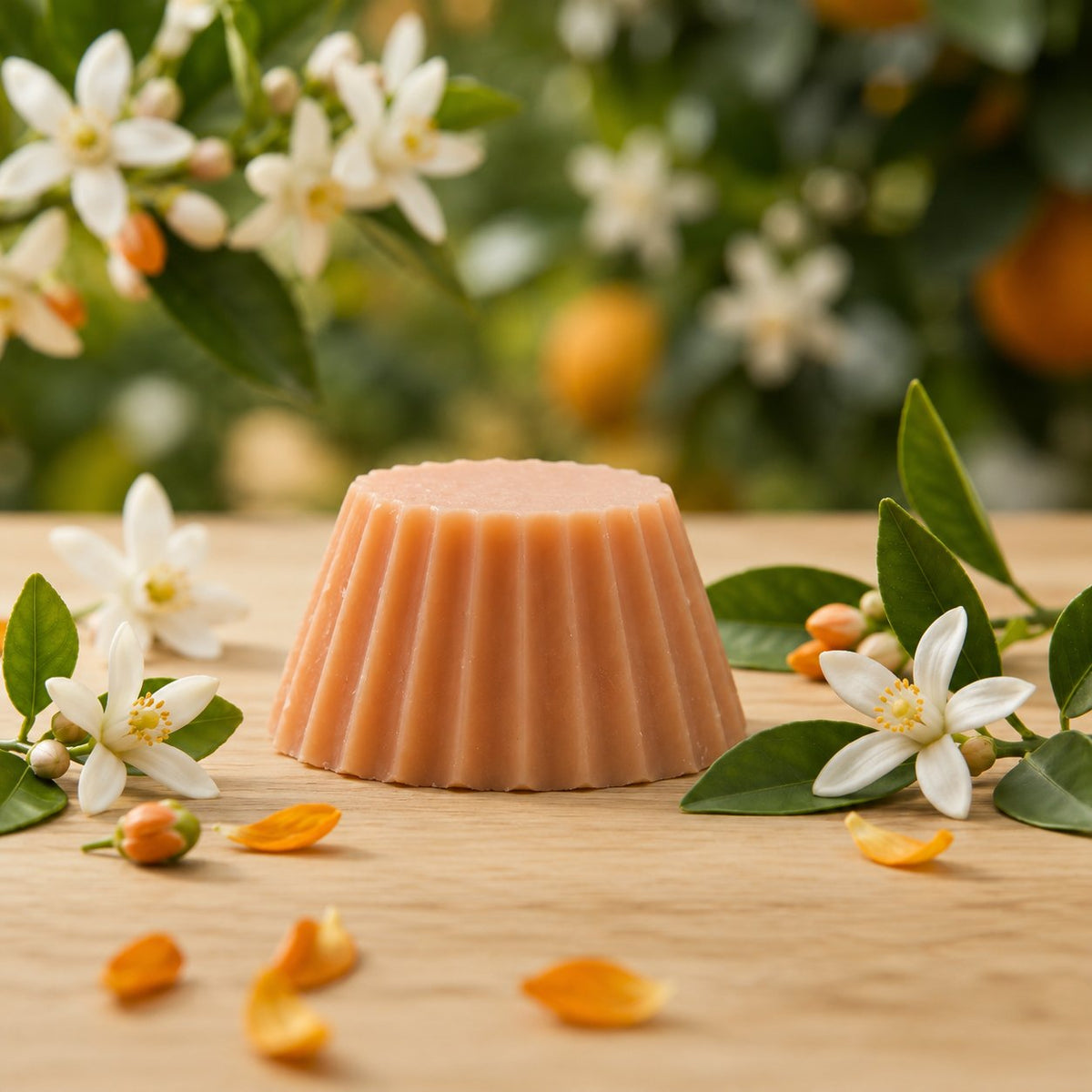 Fondant parfumé Luminante Fleur d'oranger posé sur une table en bois devant un oranger en fleurs