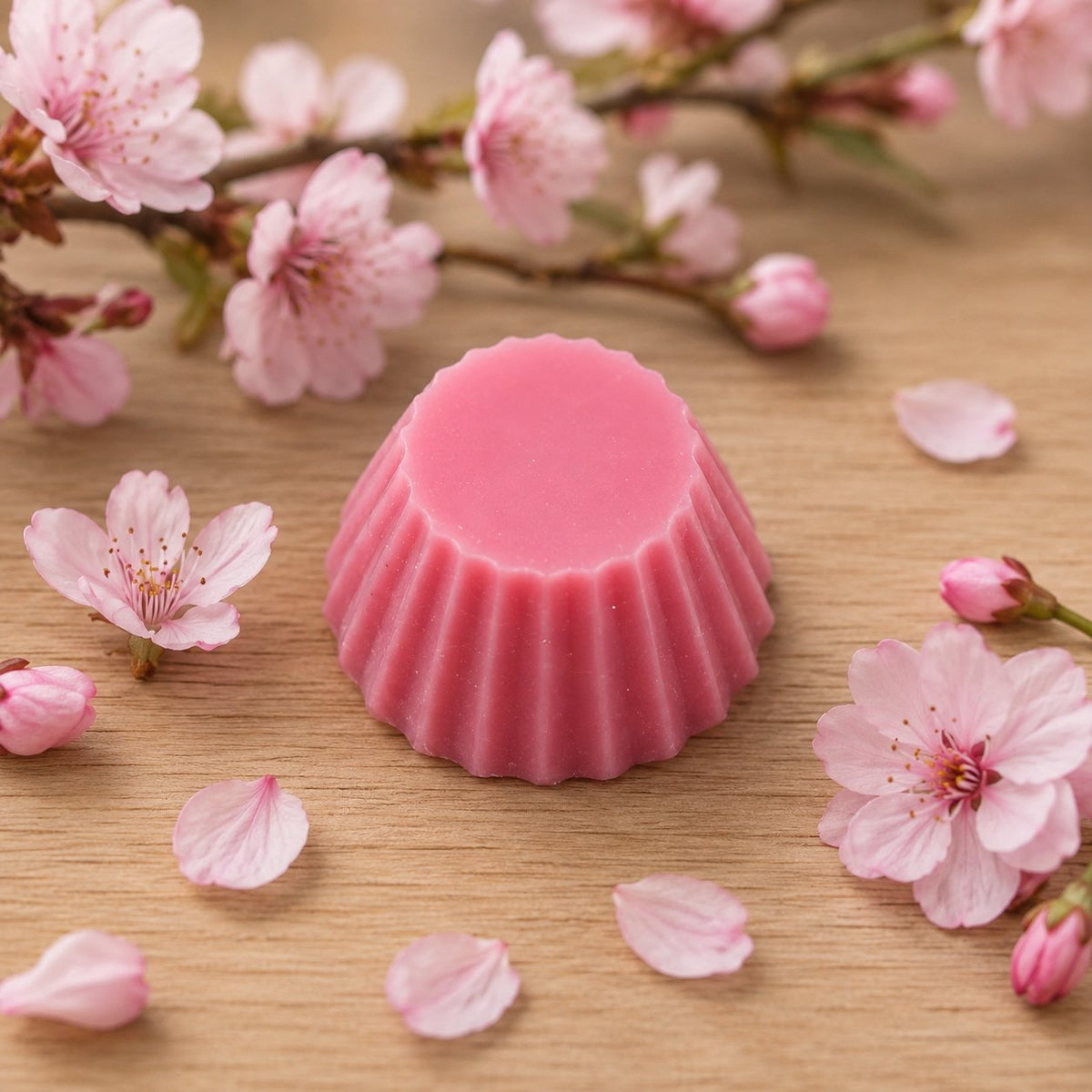 Fondant parfumé Luminante Fleur de Cerisier, pastille de cire rose posée sur un plan en bois clair, entourée de fleurs et de pétales de cerisier