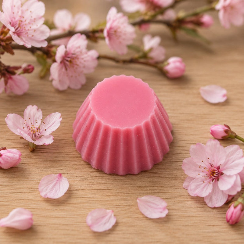 Fondant parfumé Luminante Fleur de Cerisier, pastille de cire rose posée sur un plan en bois clair, entourée de fleurs et de pétales de cerisier