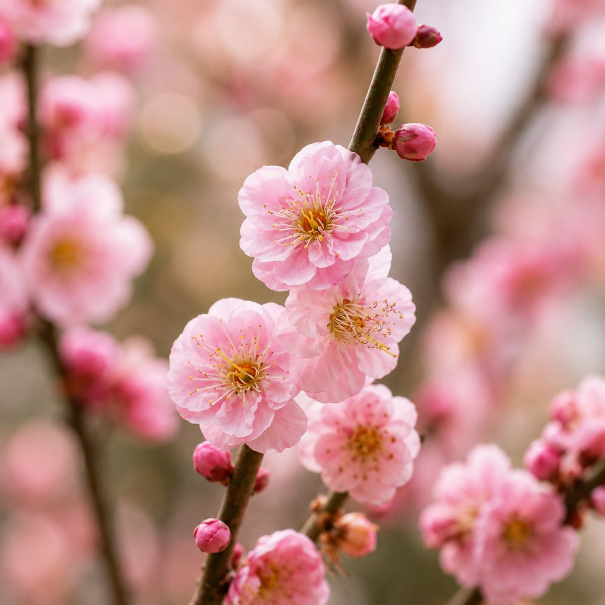 Fleurs de cerisier roses en pleine floraison sur leur branche