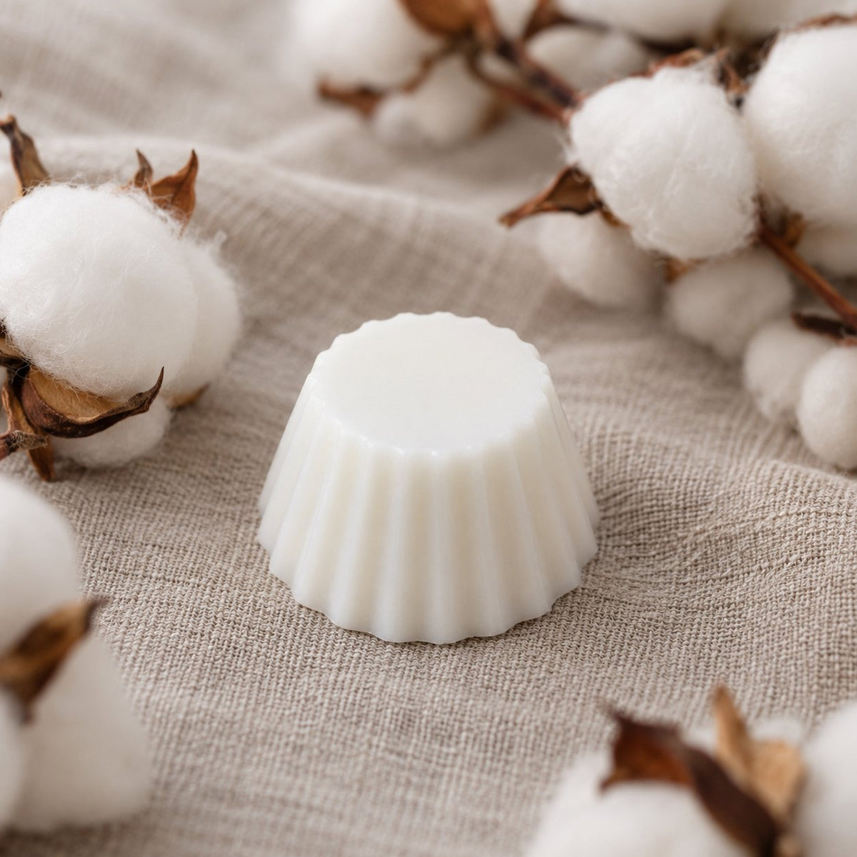 Fondant parfumé Luminante Fleur de Coton, pastille de cire blanche posée sur une toile de lin froissée, entourée de branches de coton