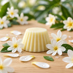 Fondant parfumé Luminante Fleur de Tiaré, pastille de cire crème posée sur un plan en bois clair, entourée de fleurs blanches à cœur jaune et de gouttes d'eau