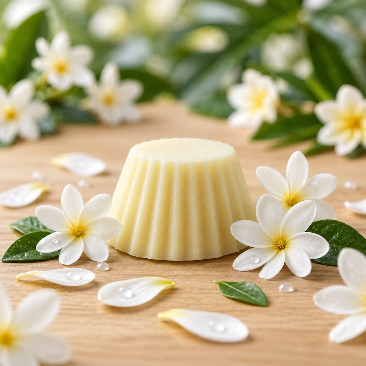 Fondant parfumé Luminante Fleur de Tiaré, pastille de cire crème posée sur un plan en bois clair, entourée de fleurs blanches à cœur jaune et de gouttes d'eau