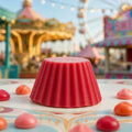 Fondant parfumé Luminante Pomme d'Amour posé sur un guichet de fête foraine, devant un manège et une grande roue